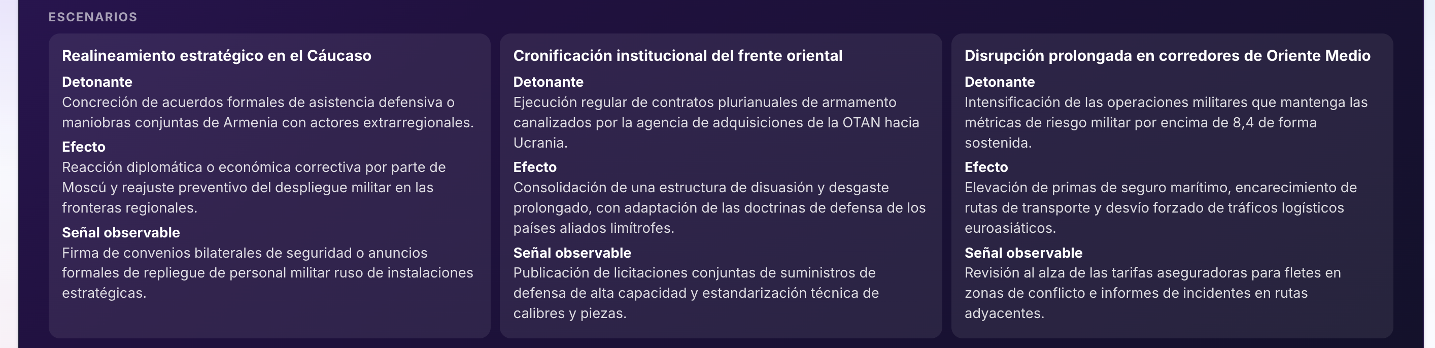Briefing de Defensa: tres escenarios con sus detonantes, efectos y señales observables