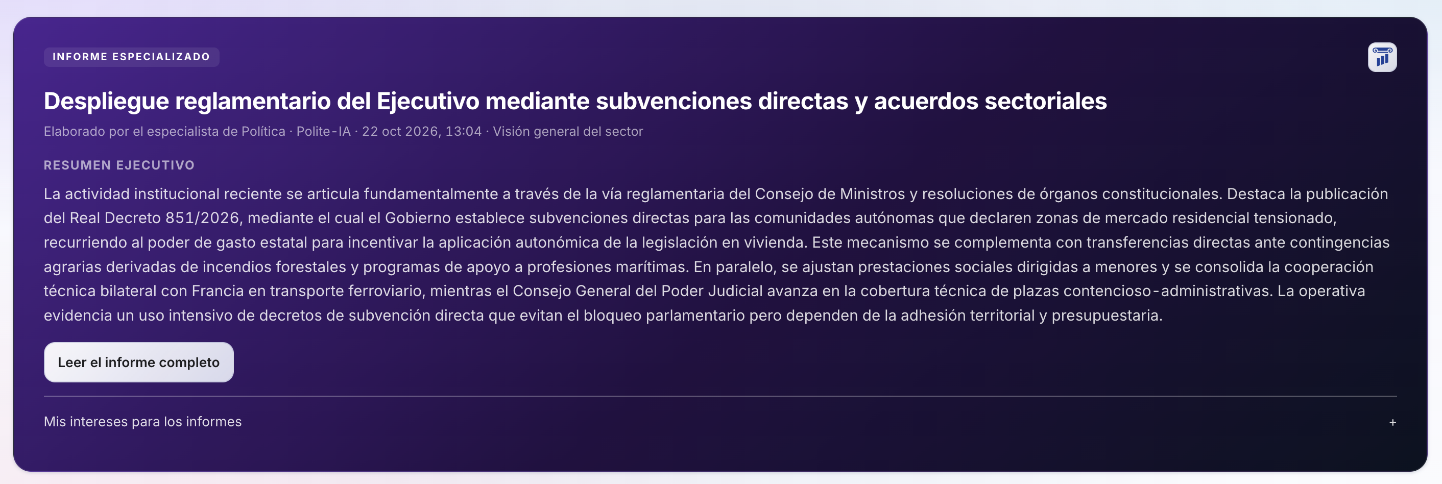 Briefing de Política: resumen ejecutivo del informe especializado y acceso a los intereses del usuario