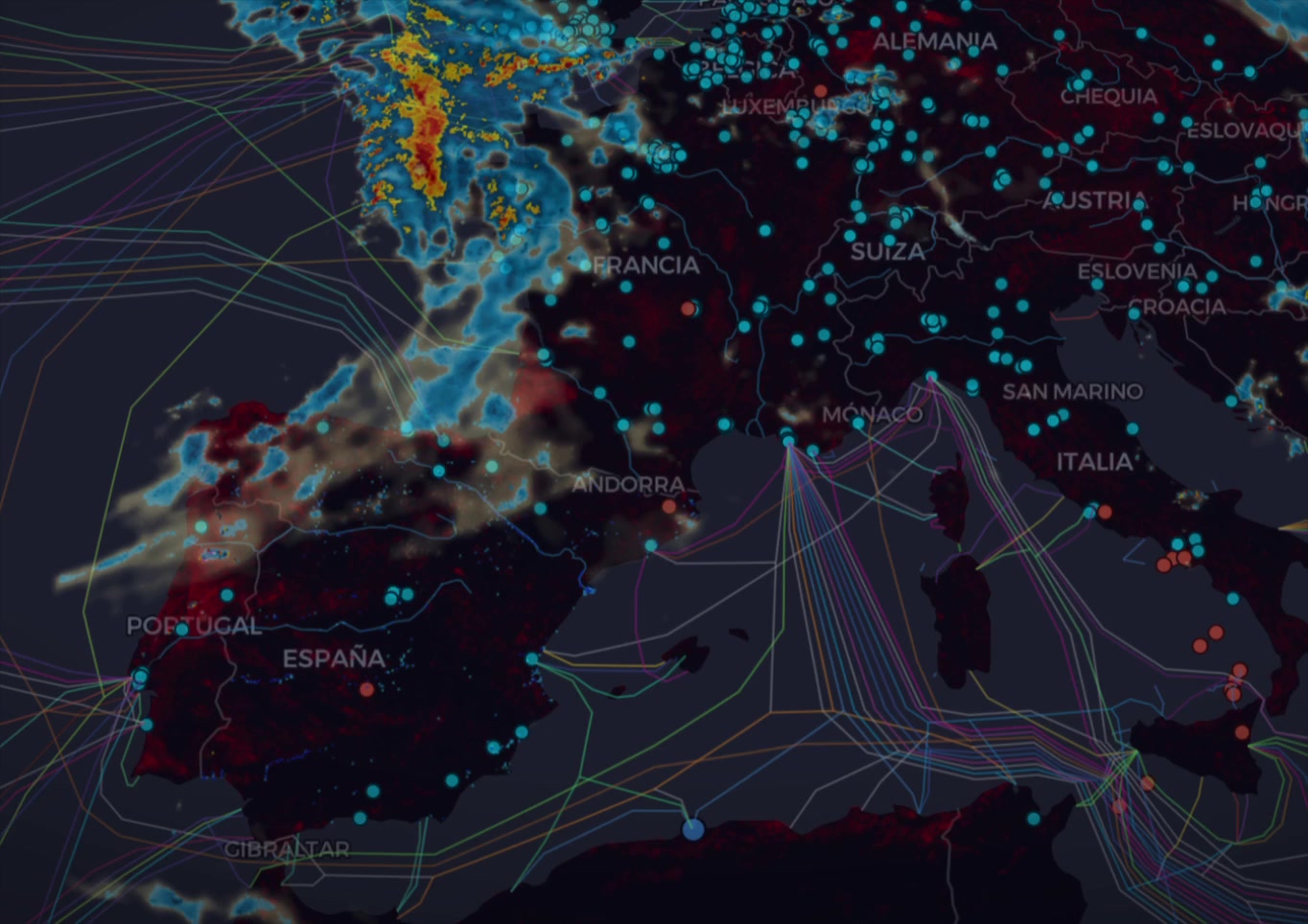 Vista del mapa OSINT al inicio del alejamiento desde Europa